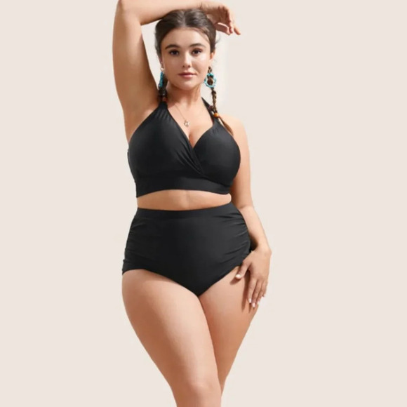 BloomChic Plus Size Plain Patchwork Ruched Swim Bottom - Picture 3 of 6